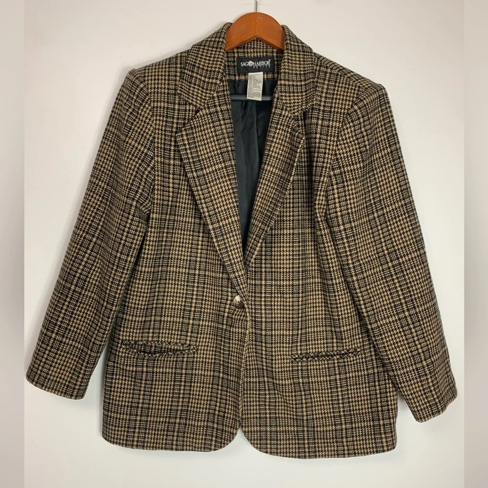 Vtg Sag Harbor Petite Womens Houndstooth Wool Blazer Size 12 Academia Neutral
